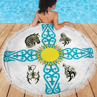 Kazakhstan National Symbols Beach Blanket with Tribal Animal Crest and Blue Ethnic Motif on White