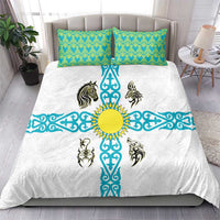 Kazakhstan National Symbols Bedding Set with Tribal Animal Crest and Blue Ethnic Motif on White
