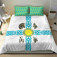 Kazakhstan National Symbols Bedding Set with Tribal Animal Crest and Blue Ethnic Motif on White