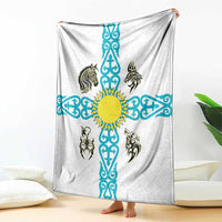 Kazakhstan National Symbols Blanket with Tribal Animal Crest and Blue Ethnic Motif on White