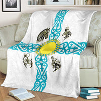 Kazakhstan National Symbols Blanket with Tribal Animal Crest and Blue Ethnic Motif on White