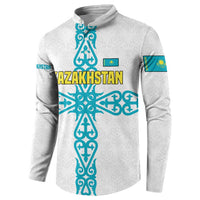 Kazakhstan National Symbols Button Sweatshirt with Tribal Animal Crest and Blue Ethnic Motif on White