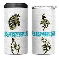 Kazakhstan National Symbols 4 in 1 Can Cooler Tumbler with Tribal Animal Crest and Blue Ethnic Motif on White