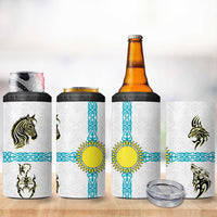 Kazakhstan National Symbols 4 in 1 Can Cooler Tumbler with Tribal Animal Crest and Blue Ethnic Motif on White