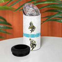 Kazakhstan National Symbols 4 in 1 Can Cooler Tumbler with Tribal Animal Crest and Blue Ethnic Motif on White