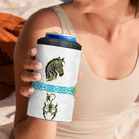 Kazakhstan National Symbols 4 in 1 Can Cooler Tumbler with Tribal Animal Crest and Blue Ethnic Motif on White
