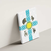 Kazakhstan National Symbols Canvas Wall Art with Tribal Animal Crest and Blue Ethnic Motif on White