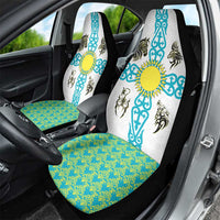 Kazakhstan National Symbols Car Seat Cover with Tribal Animal Crest and Blue Ethnic Motif on White