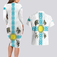 Kazakhstan National Symbols Couples Matching Long Sleeve Bodycon Dress and Hawaiian Shirt with Tribal Animal Crest and Blue Ethnic Motif on White