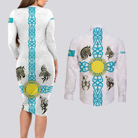Kazakhstan National Symbols Couples Matching Long Sleeve Bodycon Dress and Long Sleeve Button Shirt with Tribal Animal Crest and Blue Ethnic Motif on White