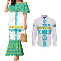 Kazakhstan National Symbols Couples Matching Mermaid Dress and Long Sleeve Button Shirt with Tribal Animal Crest and Blue Ethnic Motif on White