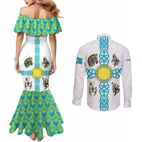 Kazakhstan National Symbols Couples Matching Mermaid Dress and Long Sleeve Button Shirt with Tribal Animal Crest and Blue Ethnic Motif on White