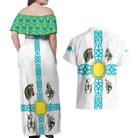 Kazakhstan National Symbols Couples Matching Off Shoulder Maxi Dress and Hawaiian Shirt with Tribal Animal Crest and Blue Ethnic Motif on White