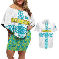 Kazakhstan National Symbols Couples Matching Off Shoulder Short Dress and Hawaiian Shirt with Tribal Animal Crest and Blue Ethnic Motif on White