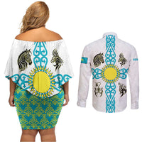 Kazakhstan National Symbols Couples Matching Off Shoulder Short Dress and Long Sleeve Button Shirt with Tribal Animal Crest and Blue Ethnic Motif on White