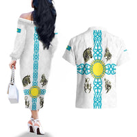 Kazakhstan National Symbols Couples Matching Off The Shoulder Long Sleeve Dress and Hawaiian Shirt with Tribal Animal Crest and Blue Ethnic Motif on White