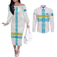 Kazakhstan National Symbols Couples Matching Off The Shoulder Long Sleeve Dress and Long Sleeve Button Shirt with Tribal Animal Crest and Blue Ethnic Motif on White