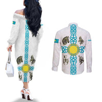 Kazakhstan National Symbols Couples Matching Off The Shoulder Long Sleeve Dress and Long Sleeve Button Shirt with Tribal Animal Crest and Blue Ethnic Motif on White