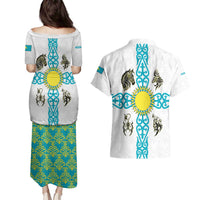 Kazakhstan National Symbols Couples Matching Puletasi and Hawaiian Shirt with Tribal Animal Crest and Blue Ethnic Motif on White