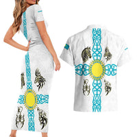 Kazakhstan National Symbols Couples Matching Short Sleeve Bodycon Dress and Hawaiian Shirt with Tribal Animal Crest and Blue Ethnic Motif on White