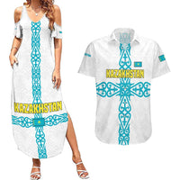 Kazakhstan National Symbols Couples Matching Summer Maxi Dress and Hawaiian Shirt with Tribal Animal Crest and Blue Ethnic Motif on White