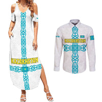Kazakhstan National Symbols Couples Matching Summer Maxi Dress and Long Sleeve Button Shirt with Tribal Animal Crest and Blue Ethnic Motif on White