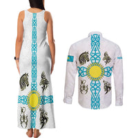 Kazakhstan National Symbols Couples Matching Tank Maxi Dress and Long Sleeve Button Shirt with Tribal Animal Crest and Blue Ethnic Motif on White