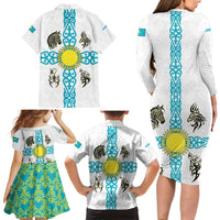 Kazakhstan National Symbols Family Matching Long Sleeve Bodycon Dress and Hawaiian Shirt with Tribal Animal Crest and Blue Ethnic Motif on White