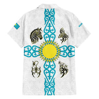 Kazakhstan National Symbols Family Matching Long Sleeve Bodycon Dress and Hawaiian Shirt with Tribal Animal Crest and Blue Ethnic Motif on White