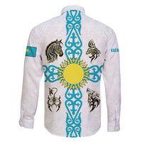 Kazakhstan National Symbols Family Matching Long Sleeve Bodycon Dress and Hawaiian Shirt with Tribal Animal Crest and Blue Ethnic Motif on White