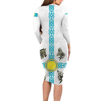 Kazakhstan National Symbols Family Matching Long Sleeve Bodycon Dress and Hawaiian Shirt with Tribal Animal Crest and Blue Ethnic Motif on White