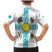 Kazakhstan National Symbols Family Matching Mermaid Dress and Hawaiian Shirt with Tribal Animal Crest and Blue Ethnic Motif on White