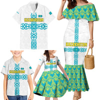 Kazakhstan National Symbols Family Matching Mermaid Dress and Hawaiian Shirt with Tribal Animal Crest and Blue Ethnic Motif on White