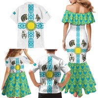 Kazakhstan National Symbols Family Matching Mermaid Dress and Hawaiian Shirt with Tribal Animal Crest and Blue Ethnic Motif on White