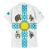 Kazakhstan National Symbols Family Matching Mermaid Dress and Hawaiian Shirt with Tribal Animal Crest and Blue Ethnic Motif on White