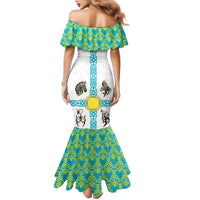 Kazakhstan National Symbols Family Matching Mermaid Dress and Hawaiian Shirt with Tribal Animal Crest and Blue Ethnic Motif on White