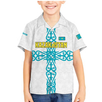Kazakhstan National Symbols Family Matching Mermaid Dress and Hawaiian Shirt with Tribal Animal Crest and Blue Ethnic Motif on White
