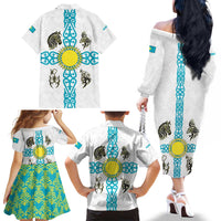 Kazakhstan National Symbols Family Matching Off The Shoulder Long Sleeve Dress and Hawaiian Shirt with Tribal Animal Crest and Blue Ethnic Motif on White