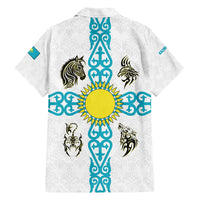 Kazakhstan National Symbols Family Matching Off The Shoulder Long Sleeve Dress and Hawaiian Shirt with Tribal Animal Crest and Blue Ethnic Motif on White