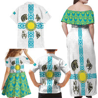 Kazakhstan National Symbols Family Matching Off Shoulder Maxi Dress and Hawaiian Shirt with Tribal Animal Crest and Blue Ethnic Motif on White