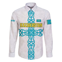 Kazakhstan National Symbols Family Matching Off Shoulder Maxi Dress and Hawaiian Shirt with Tribal Animal Crest and Blue Ethnic Motif on White