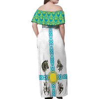 Kazakhstan National Symbols Family Matching Off Shoulder Maxi Dress and Hawaiian Shirt with Tribal Animal Crest and Blue Ethnic Motif on White