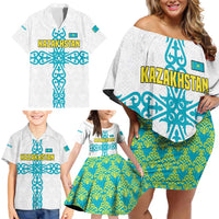 Kazakhstan National Symbols Family Matching Off Shoulder Short Dress and Hawaiian Shirt with Tribal Animal Crest and Blue Ethnic Motif on White