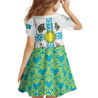 Kazakhstan National Symbols Family Matching Puletasi and Hawaiian Shirt with Tribal Animal Crest and Blue Ethnic Motif on White