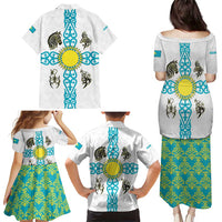 Kazakhstan National Symbols Family Matching Puletasi and Hawaiian Shirt with Tribal Animal Crest and Blue Ethnic Motif on White