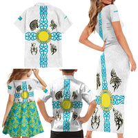 Kazakhstan National Symbols Family Matching Short Sleeve Bodycon Dress and Hawaiian Shirt with Tribal Animal Crest and Blue Ethnic Motif on White