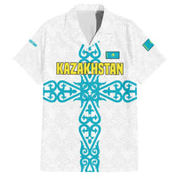 Kazakhstan National Symbols Family Matching Short Sleeve Bodycon Dress and Hawaiian Shirt with Tribal Animal Crest and Blue Ethnic Motif on White