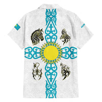 Kazakhstan National Symbols Family Matching Short Sleeve Bodycon Dress and Hawaiian Shirt with Tribal Animal Crest and Blue Ethnic Motif on White