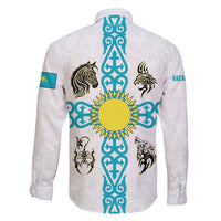 Kazakhstan National Symbols Family Matching Short Sleeve Bodycon Dress and Hawaiian Shirt with Tribal Animal Crest and Blue Ethnic Motif on White