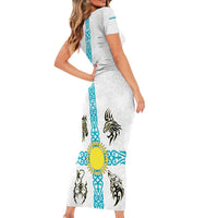 Kazakhstan National Symbols Family Matching Short Sleeve Bodycon Dress and Hawaiian Shirt with Tribal Animal Crest and Blue Ethnic Motif on White